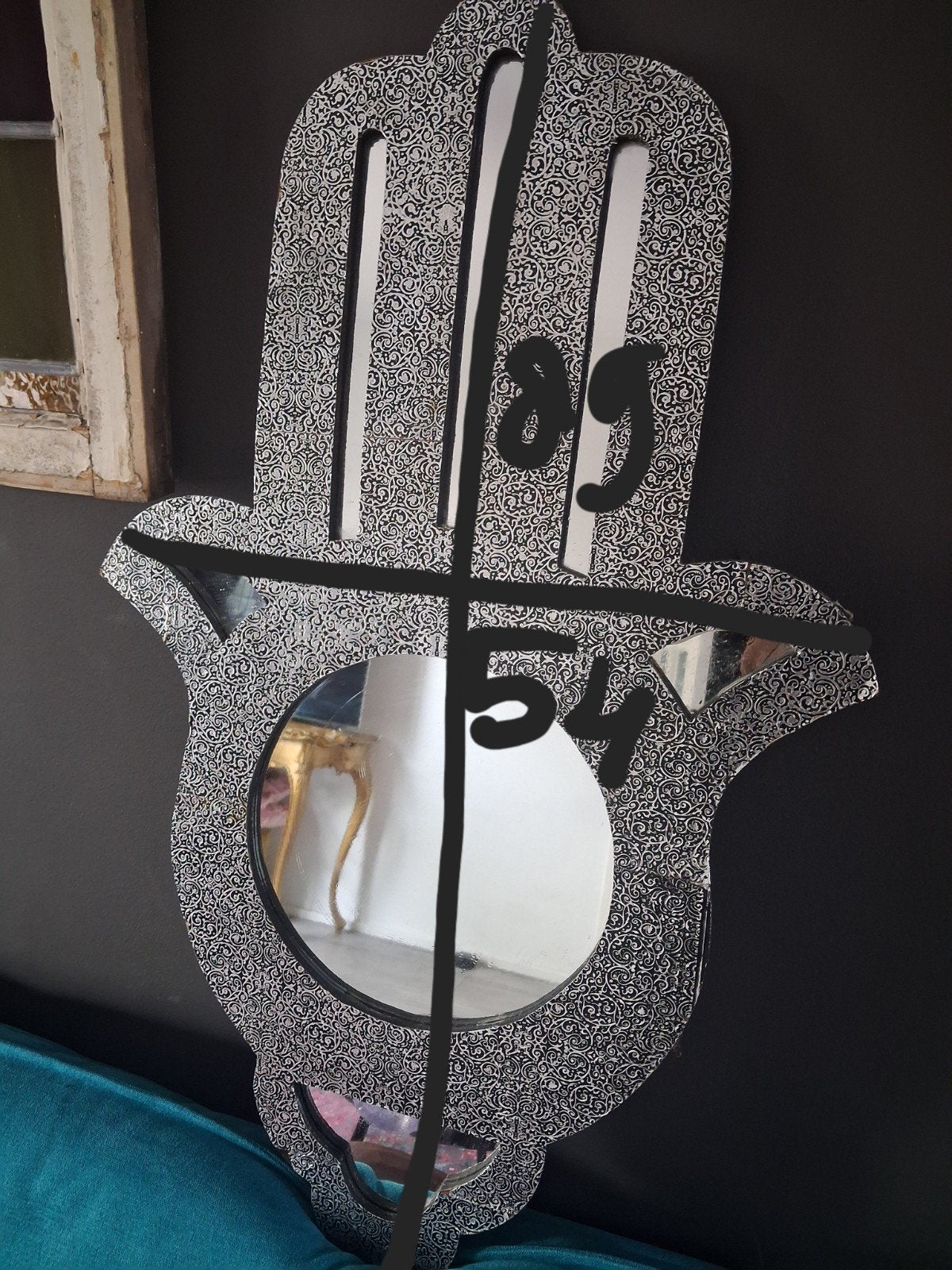Hamsa hand spiegel - Hand van Fatima spiegel, Gebruikt, Ophalen of Verzenden, Minder dan 100 cm, Overige vormen