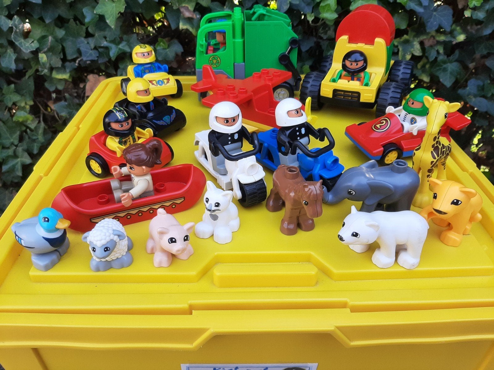 Grote partij Duplo met voertuigen en dieren in opbergbox, Gebruikt, Ophalen of Verzenden, Duplo, Losse stenen