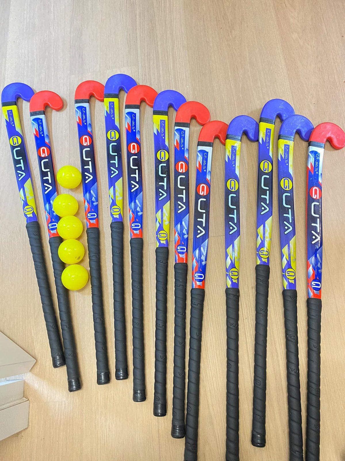 12 GUTA hockeysticks + 5 ballen – weinig gebruikt, Ophalen, Zo goed als nieuw