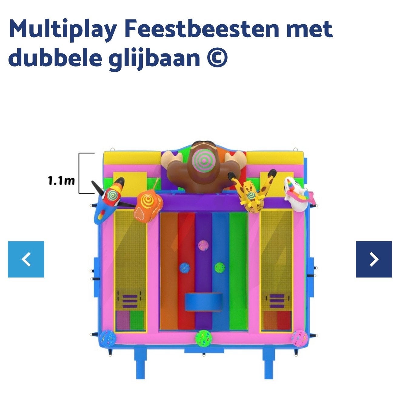 Te Koop Springkussen Feestbeesten met dubbele glijbaan, Ophalen of Verzenden, Zo goed als nieuw