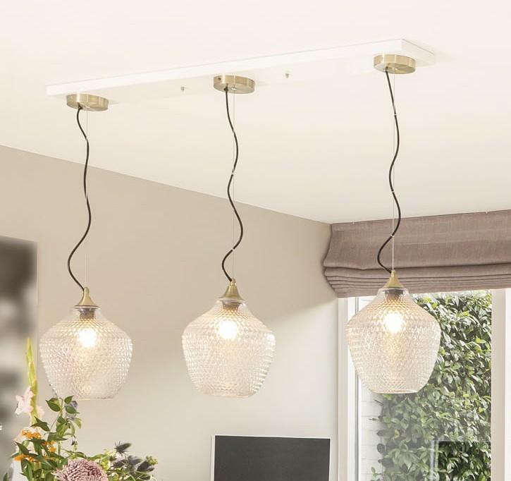 Glazen hanglampen met messing details, Ophalen, Zo goed als nieuw, Glas, 50 tot 75 cm