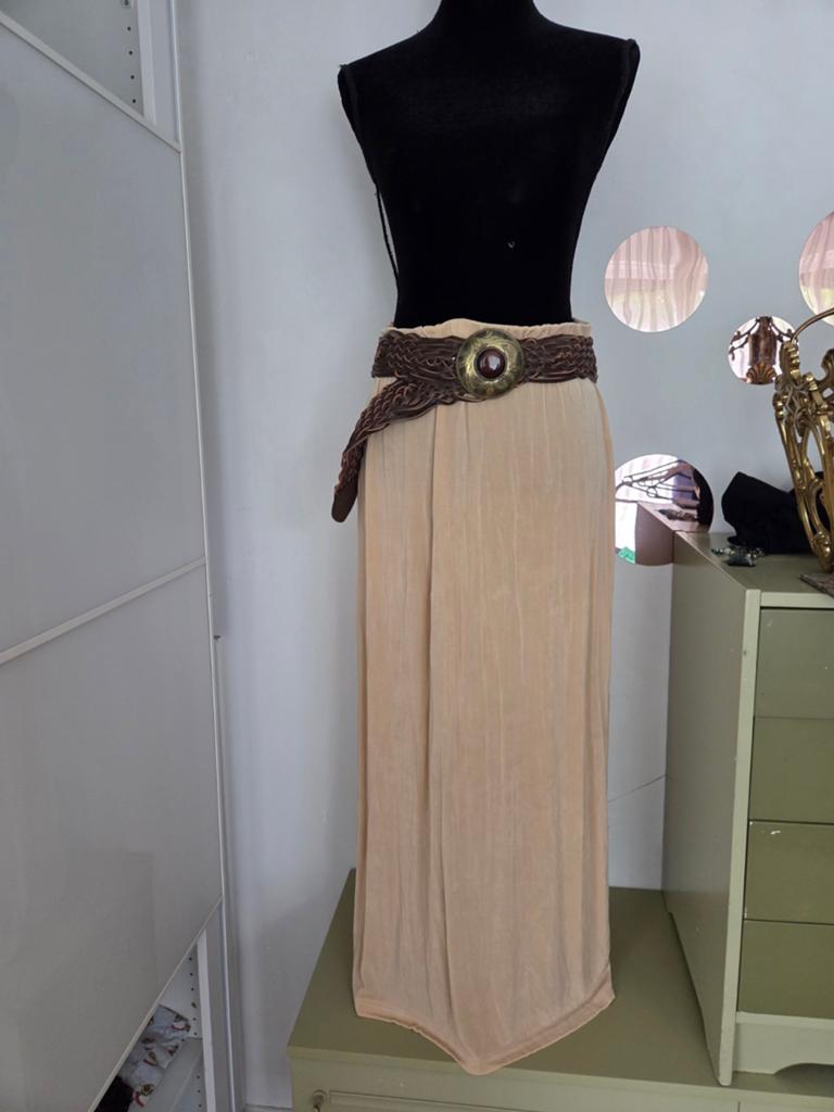 Lange beige rok met gevlochten riem, Maat 38/40 (M), Beige, Ophalen of Verzenden, Onder de knie