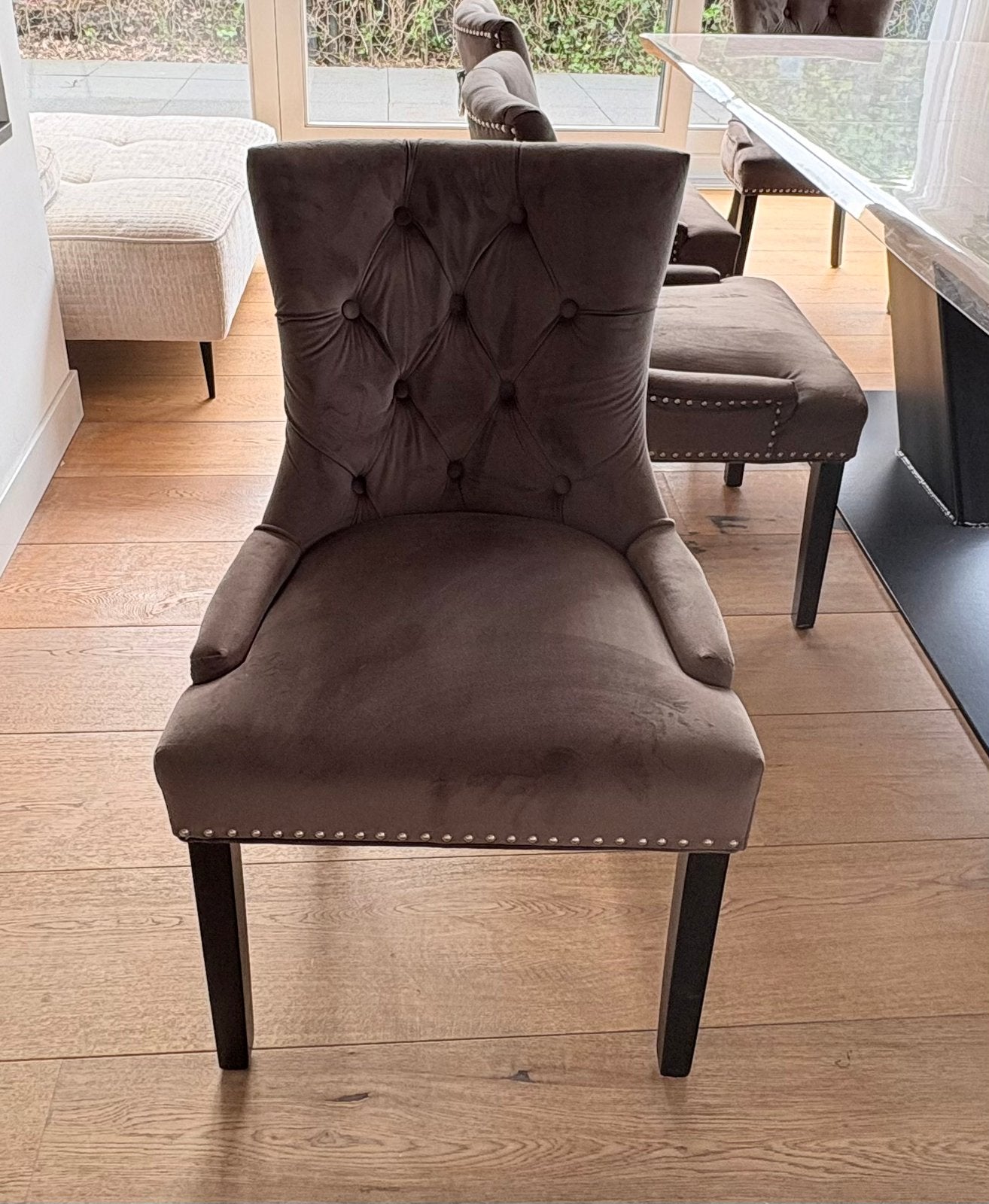 Luxe grijze velvet eetkamerset, Ophalen, Zo goed als nieuw, Vijf, Zes of meer stoelen, Stof