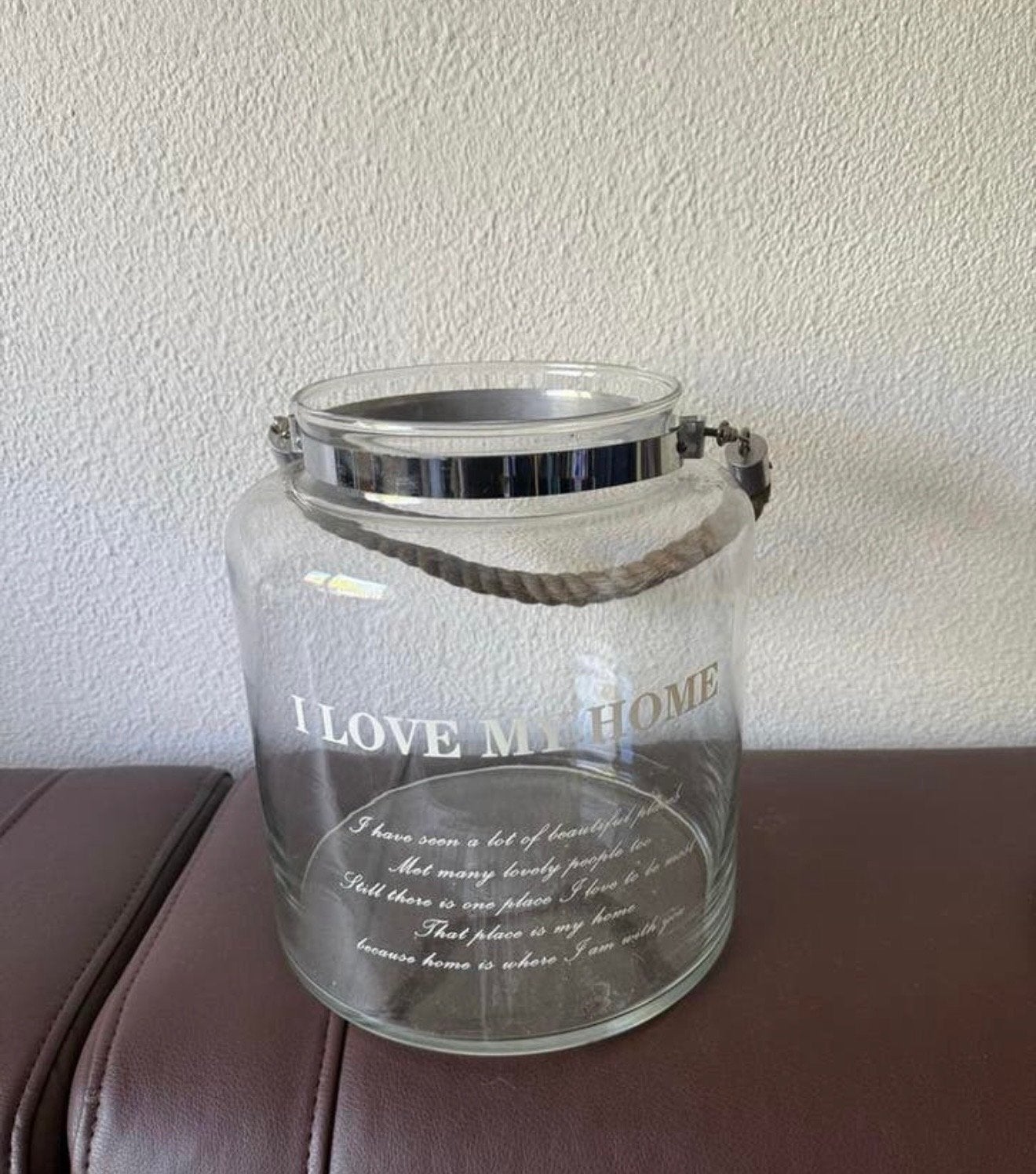 Glazen windlicht met touw en 'I love my home' tekst, Ophalen of Verzenden, Zo goed als nieuw, Glas, Modern