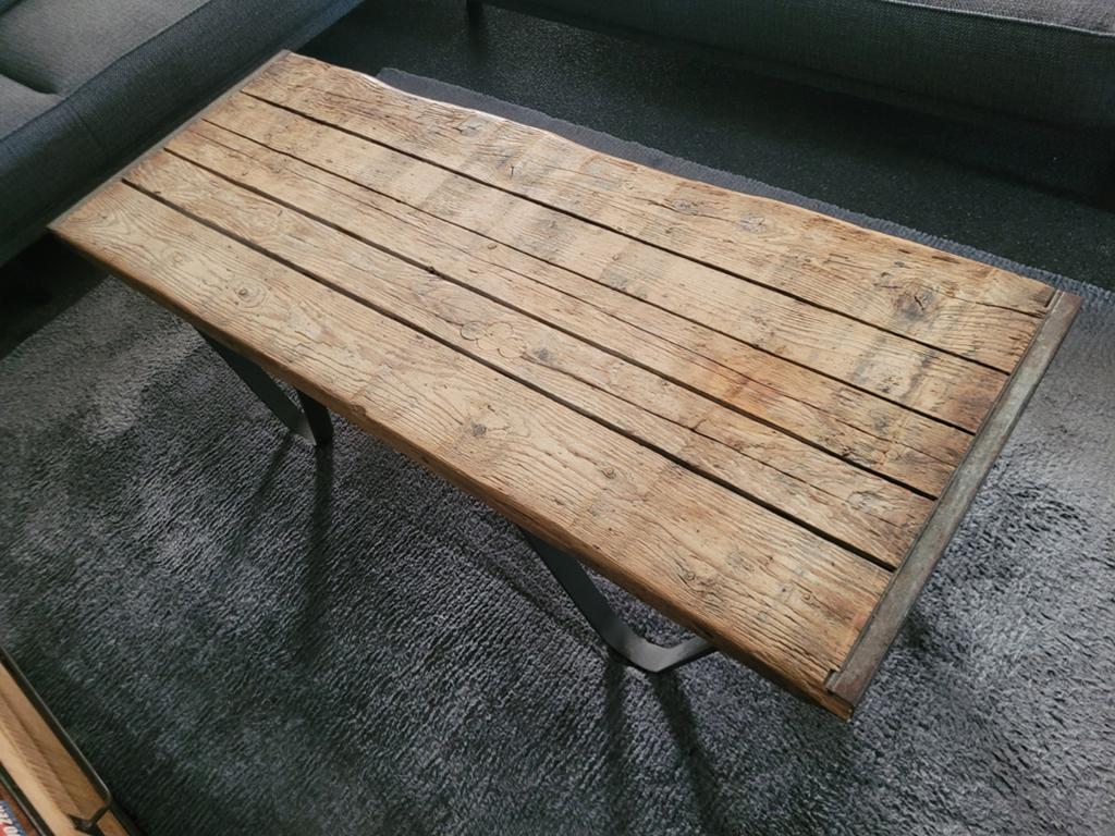 Robuuste salontafel van gerecycled hout en metaal, Huis en Inrichting, Gebruikt, 100 tot 150 cm, Industrieel, robuust, landelijk