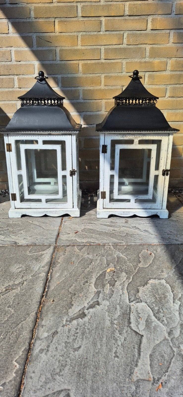 2 Houten lantaarns met metalen dakje, Ophalen, Gebruikt, Wit, Hout