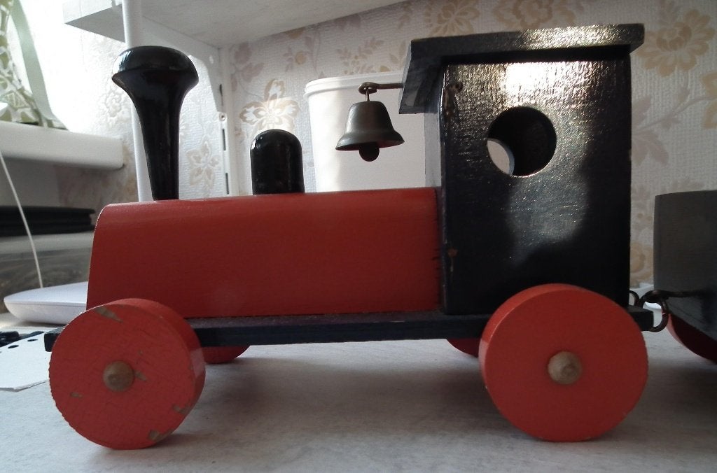 vintage oude houten trein met 3 wagons (mist één wiel), Ophalen of Verzenden