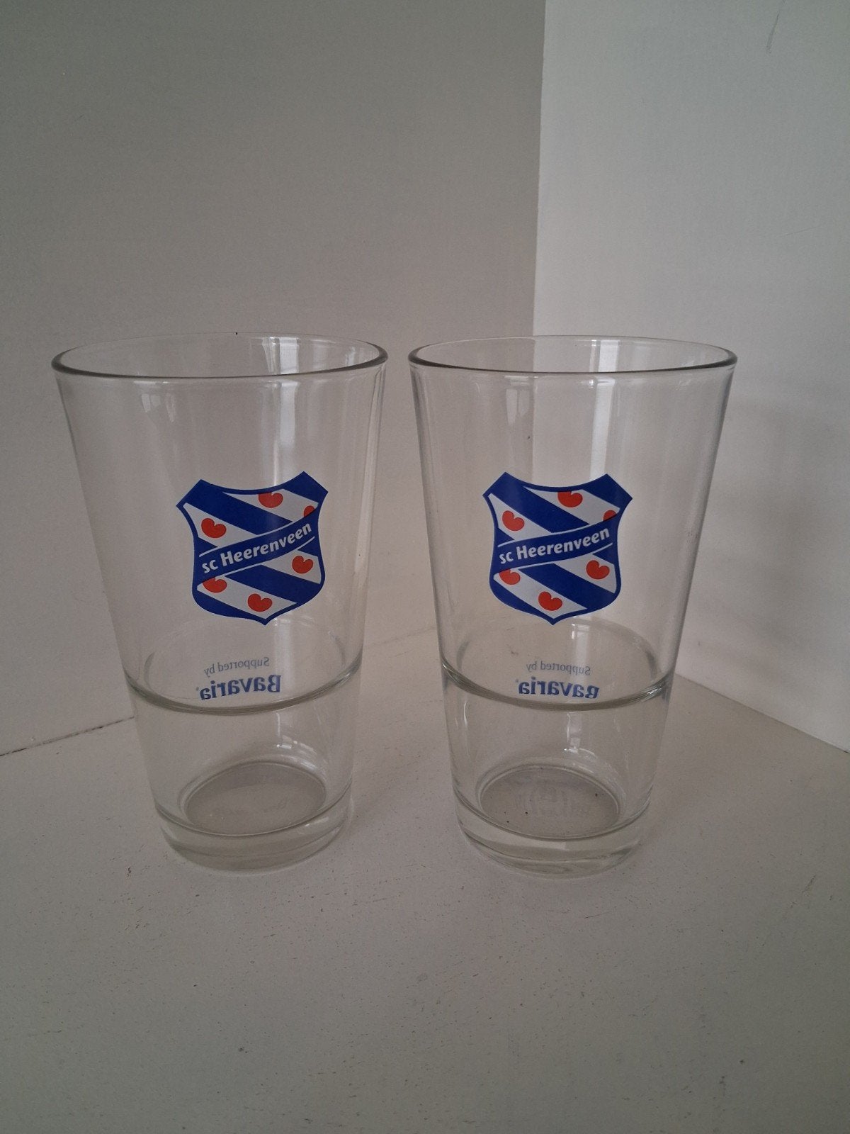 2 sc Heerenveen Supportersglazen – Supported by Bavaria, Ophalen of Verzenden, Zo goed als nieuw, Bierglas