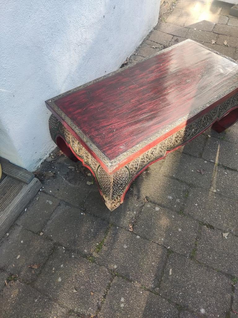 Oosterse salontafel met houtsnijwerk en mozaïek, Antiek en Kunst, Ophalen of Verzenden