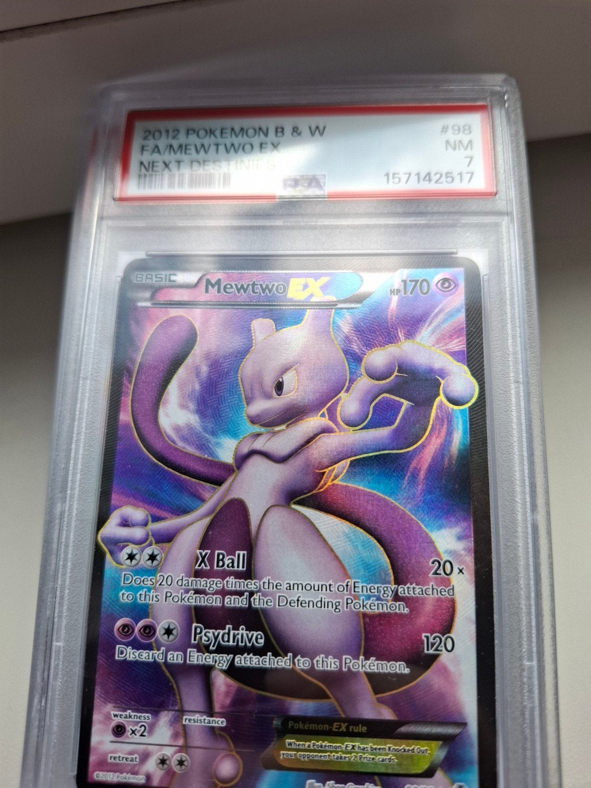 Mewtwo EX Full Art (Next Destinies) PSA 7, Ophalen of Verzenden, Zo goed als nieuw, Losse kaart, Foil