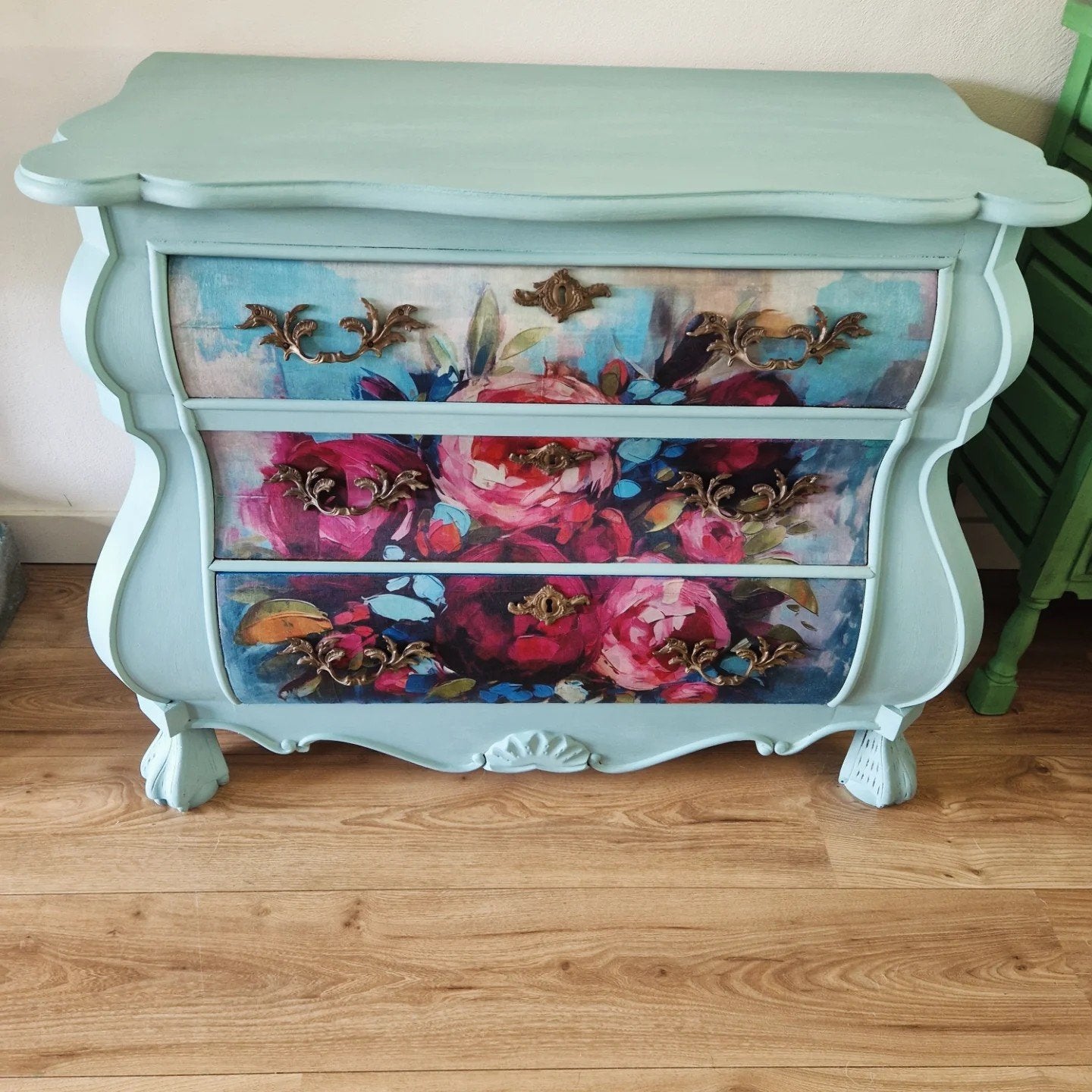 Gerestylde ladekast in mint/babyblauw met bloemmotief, Ophalen, Gebruikt, 50 tot 100 cm, Minder dan 100 cm