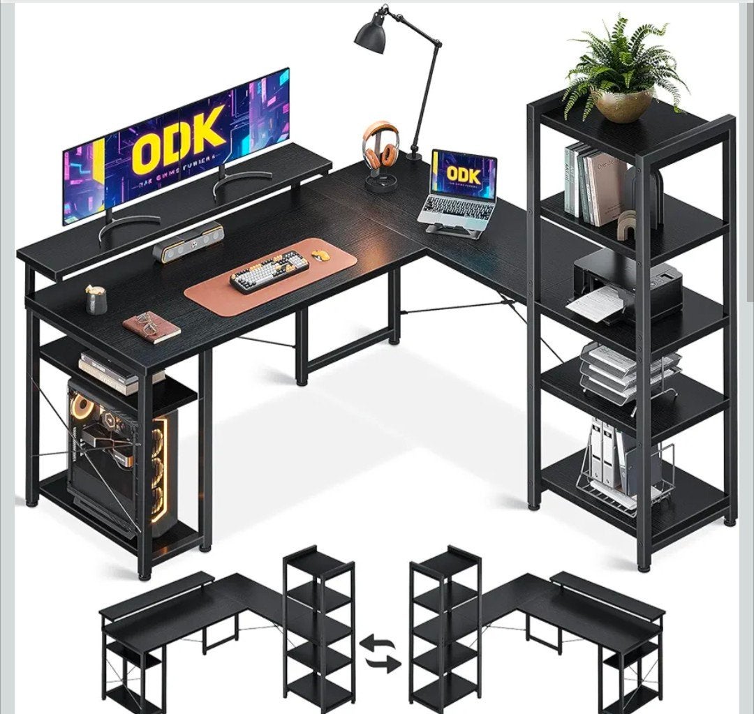 L-vormig Bureau met stellingkast & Monitorstandaard Nieuw, Huis en Inrichting, Ophalen, Zwart, Nieuw, Bureau-kast combinatie