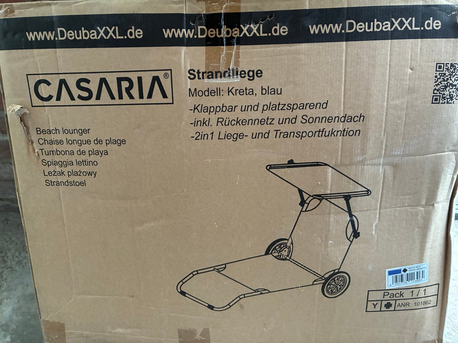 CASARIA Strandstoel Kreta blauw - Inklapbaar met zonnedak, Nieuw, Ophalen of Verzenden, Met standaard, Eenpersoons