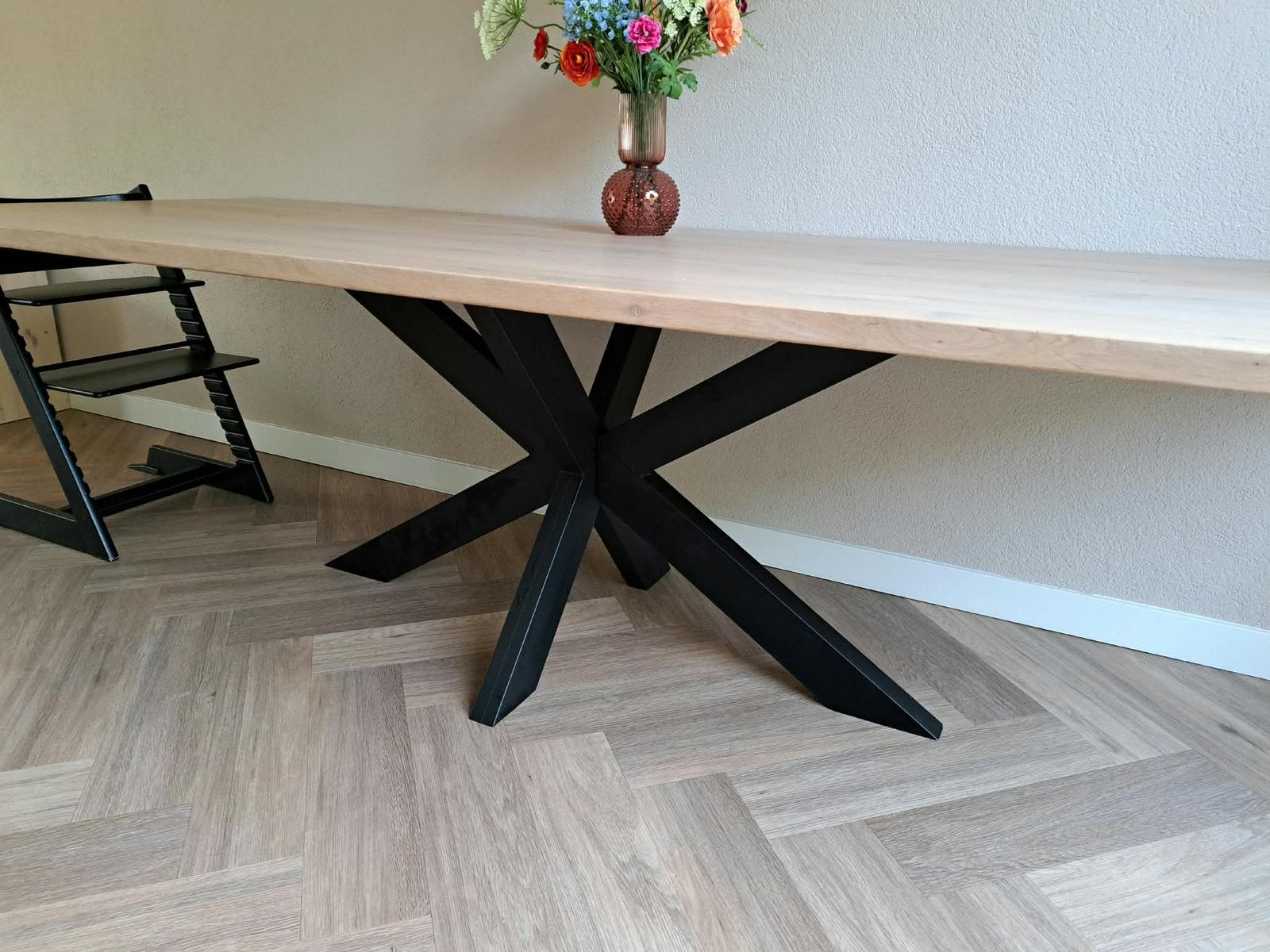 Eiken eettafel 270x100 met matzwart matrix/spin poot, Ophalen, Gebruikt, 100 tot 150 cm, Eikenhout