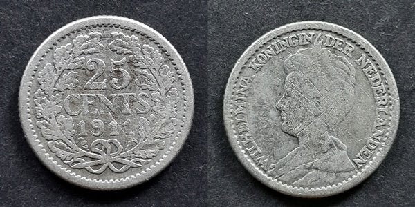 25 cent 1911 Wilhelmina zilver, Postzegels en Munten, Munten | Nederland, Verzenden, Koningin Wilhelmina, 25 cent, Zilver
