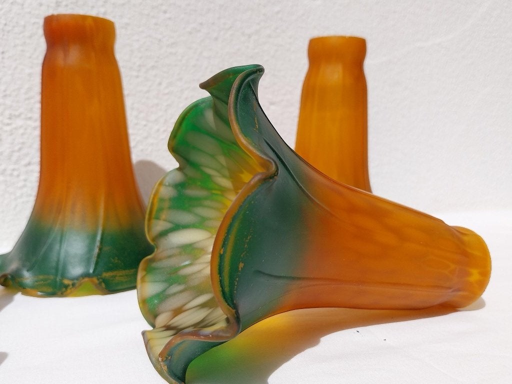 Set 2 Art Deco lampenkappen groen amber mat en helder glas, Ophalen of Verzenden