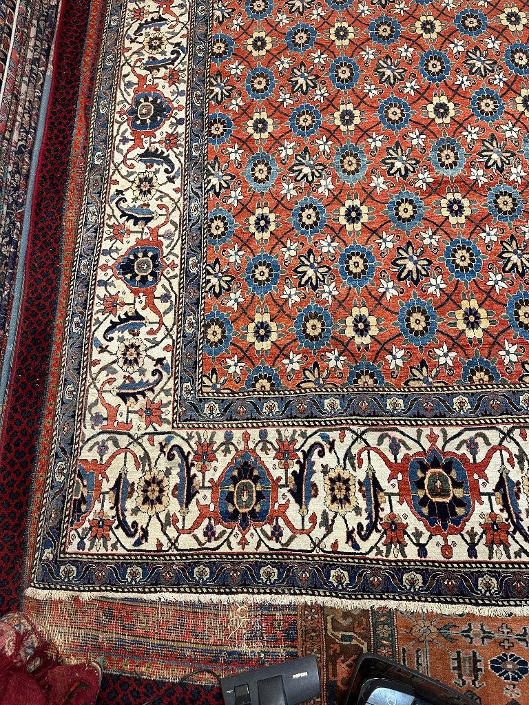 Antiek Tabriz tapijt – 370 x 252 cm – elegant bloemendessin, Gebruikt, Overige kleuren, Wol, 200 cm of meer