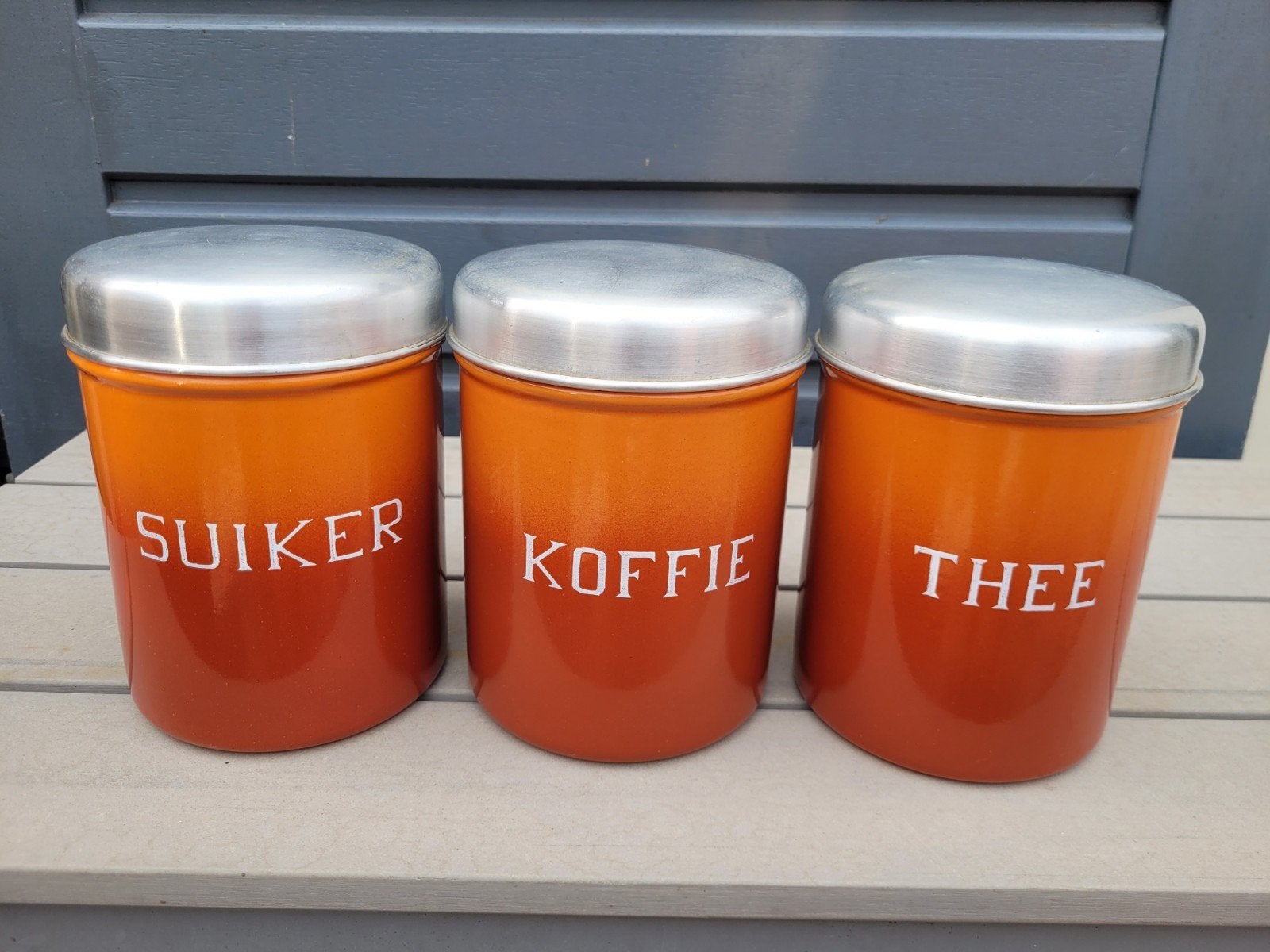 Vintage voorraadblikken: Suiker, Koffie, Thee (oranje), Ophalen