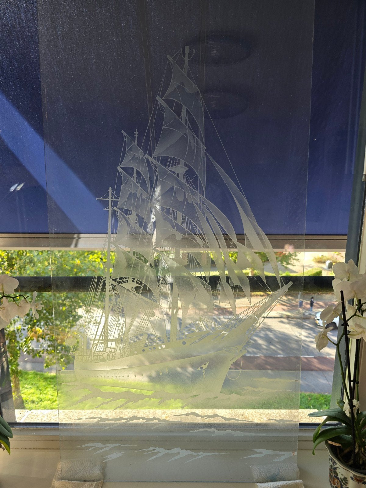 Glazen paneel met geëtst zeilschip, Antiek en Kunst, Ophalen