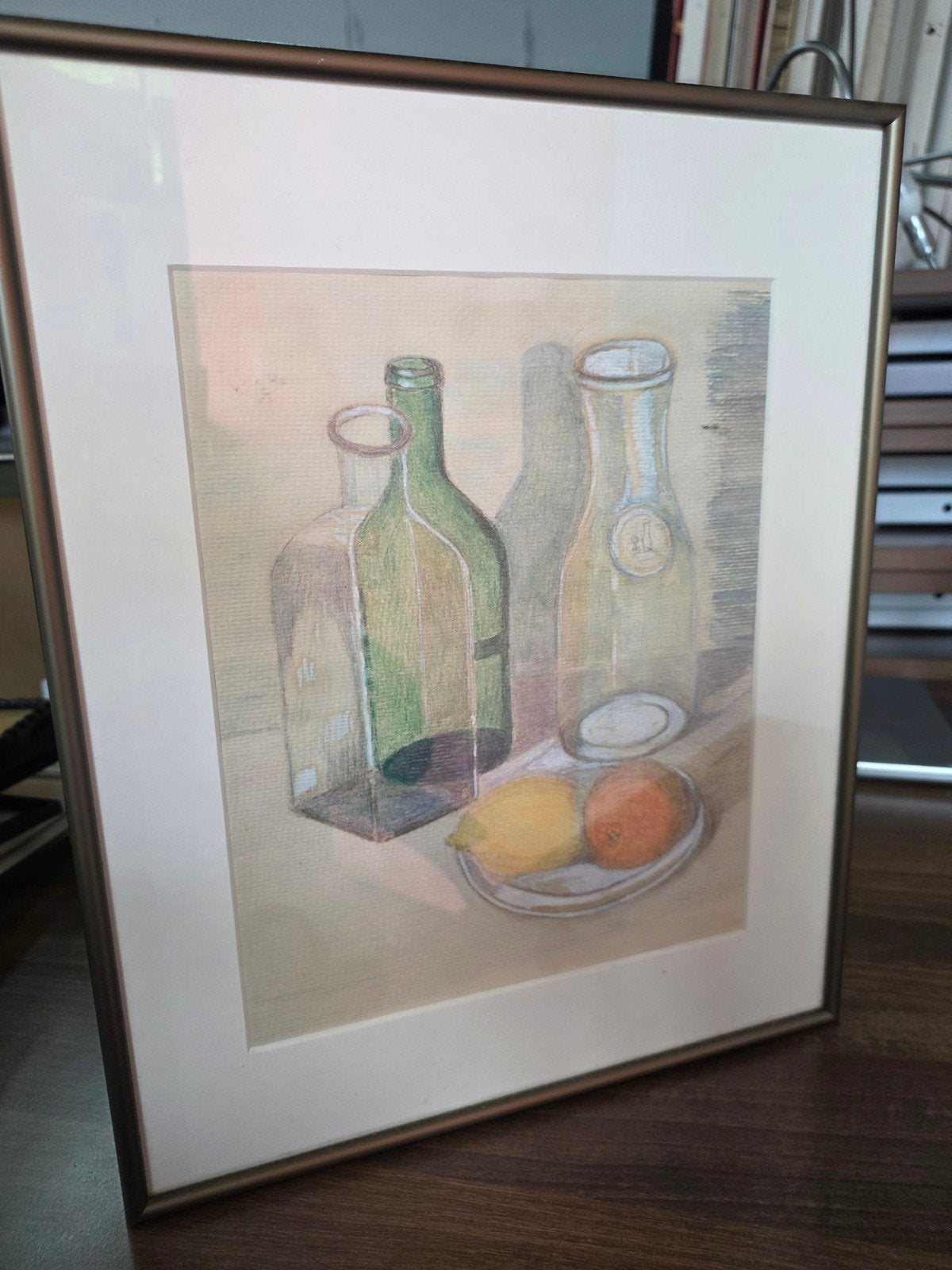 Stilleven met flessen en fruit, ingelijst, Ophalen of Verzenden