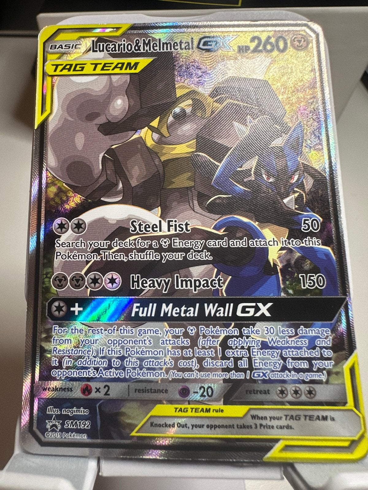 Lucario & Melmetal GX TAG TEAM Pokémon kaart SM192, Hobby en Vrije tijd, Verzamelkaartspellen | Pokémon, Zo goed als nieuw, Losse kaart