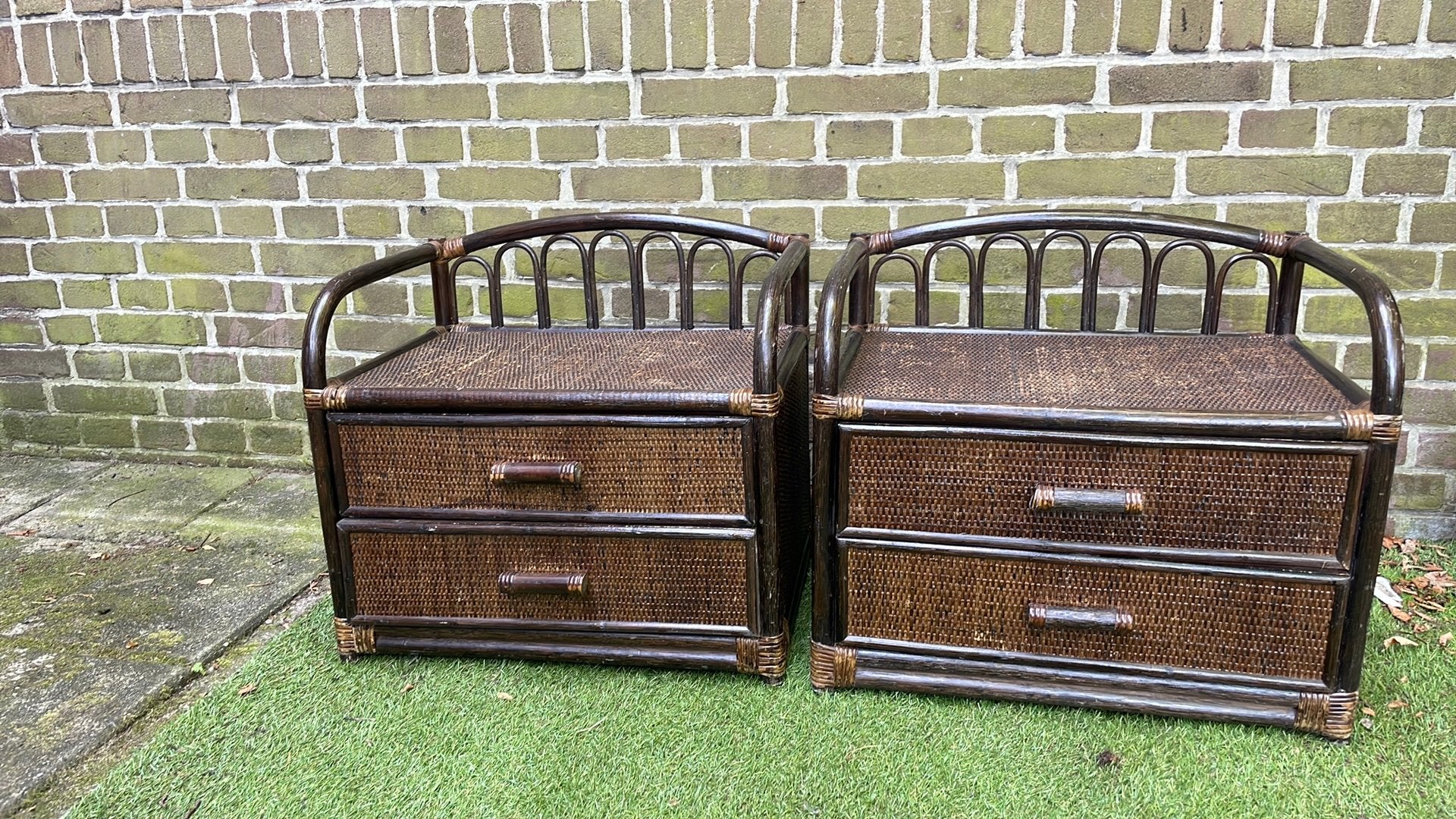 Vintage rotan nachtkastjes., Ophalen, Gebruikt, Minder dan 45 cm, Minder dan 55 cm