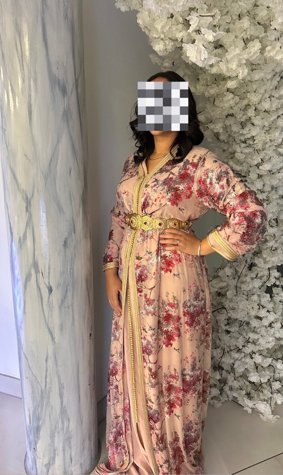 Handgemaakte Kaftan/Takshita - Roze met bloemenprint, Maat 38/40 (M), Ophalen of Verzenden, Zo goed als nieuw, Roze
