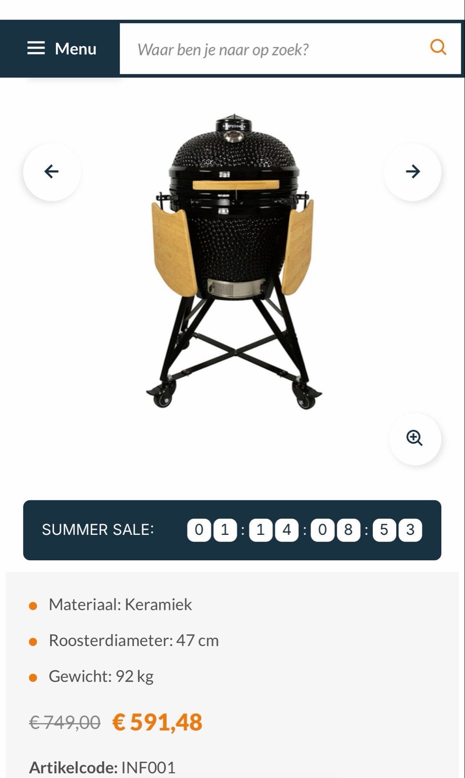 Inferno Kamado BBQ large 47 cm, 1 jaar oud., Ophalen, Gebruikt