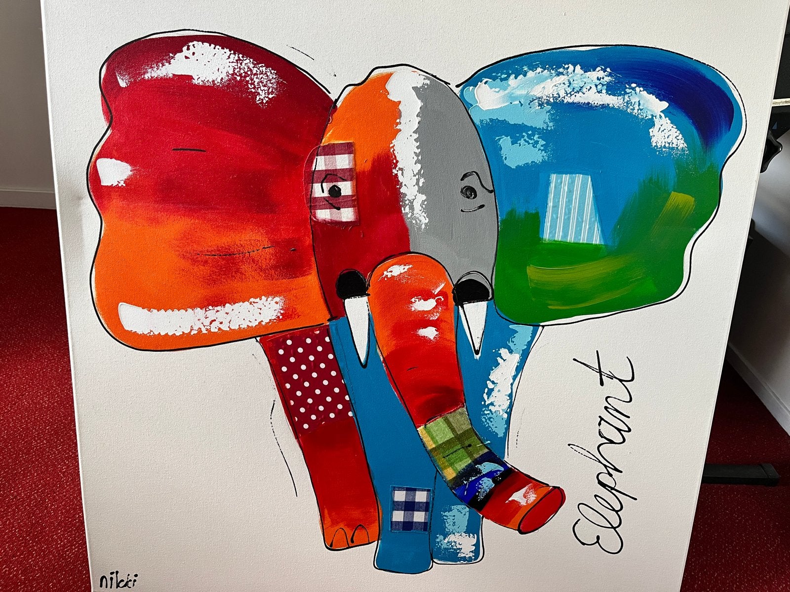 Kleurrijk olifant schilderij van Nikky - Handgeschilderd, Antiek en Kunst, Ophalen, Acrylverf, Dieren, Echtheidscertificaat