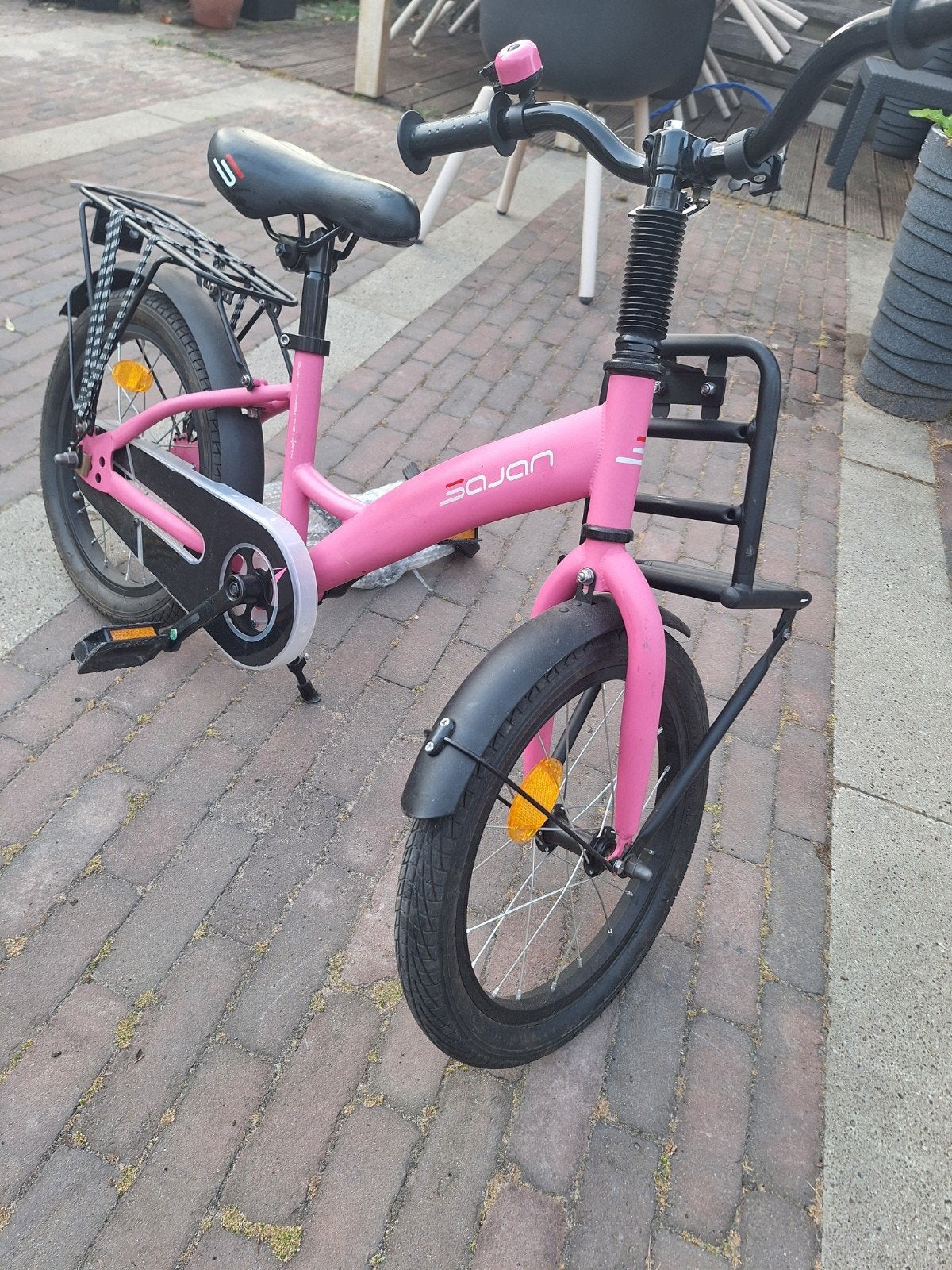 Roze kinderfiets 16 inch met voor- en achterdrager, Ophalen, Terugtraprem, Zijwieltjes, Sajan
