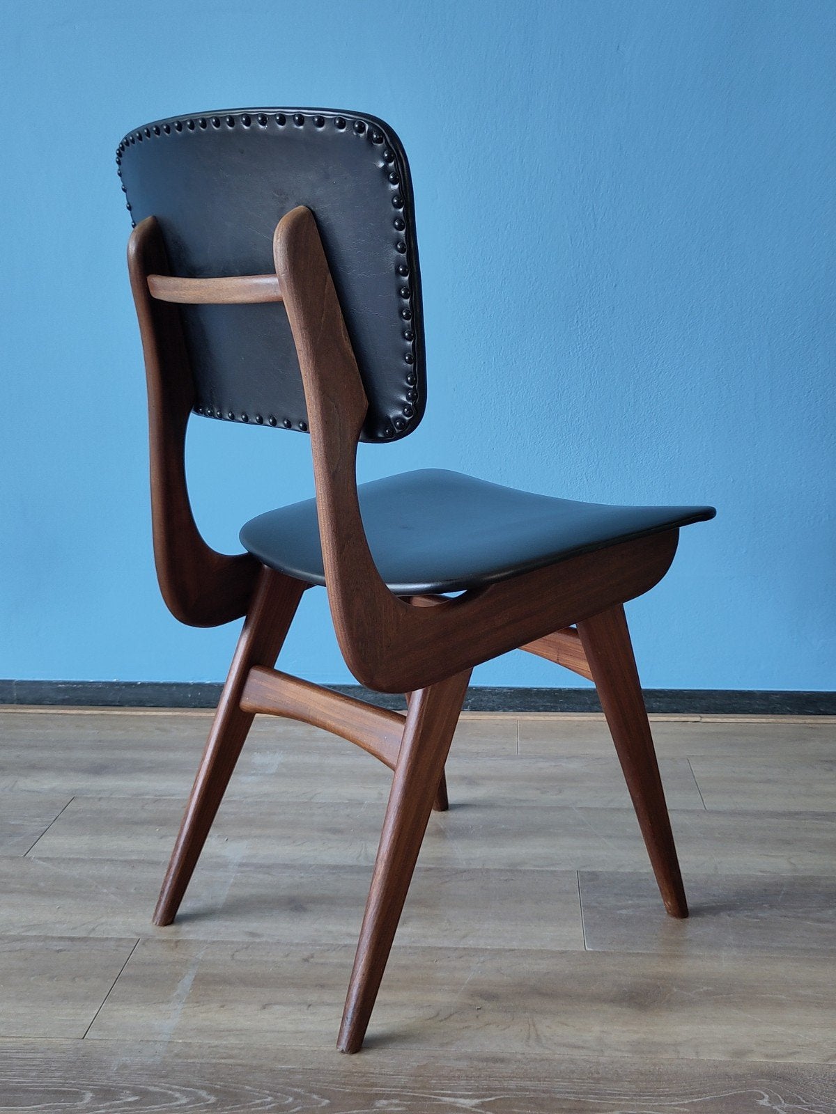 Vintage teak houten stoel Louis van Teeffelen eetkamertoel, Leer, Gebruikt, Mid century modern dutch design, .