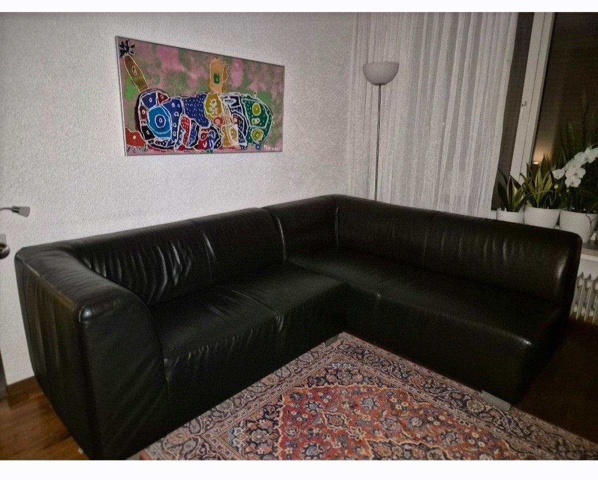Zwarte lederen hoekbank van montel, Ophalen, Gebruikt, Leer, Strak