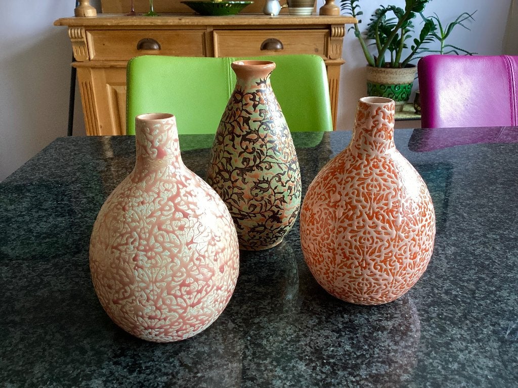 Vaasje, Des Pots, zalm, groen, bruin, drie, Gloriosa, Ophalen, Gebruikt, Meerkleurig, Steen/keramiek