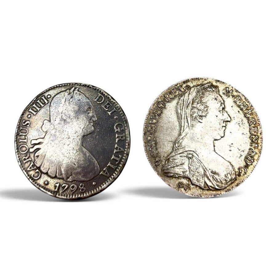 Twee 18e eeuwse munten, o.a. Mexico 1779, Ophalen of Verzenden, Overige landen, Zilver