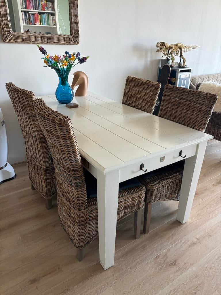 Riviera Maison eettafel 90x180 cm met 6 rieten lades, Ophalen, Gebruikt
