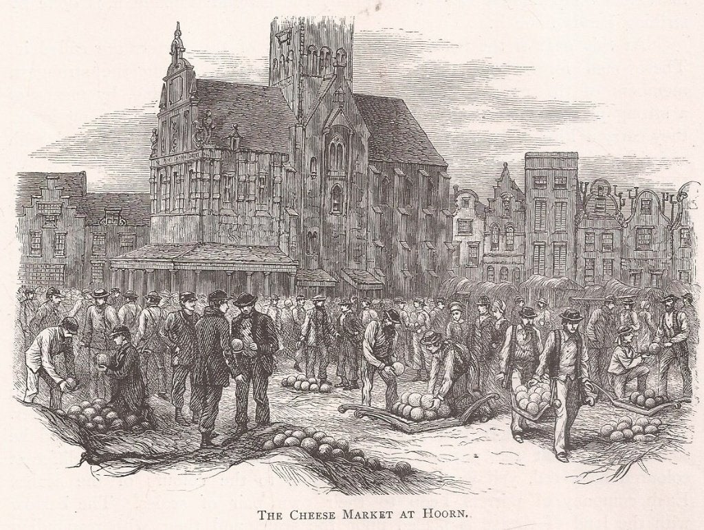 Alkmaar The Cheese Market at Hoorn = Alkmaar 1887 Houtgravur, 1800 - 1899, Stadsgezicht, Ophalen of Verzenden, Gravure
