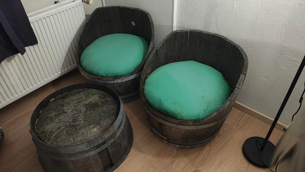 Unieke tuinmeubelen van oude houten tonnen, Gebruikt, Bijzettafel, Loungeset, Hout