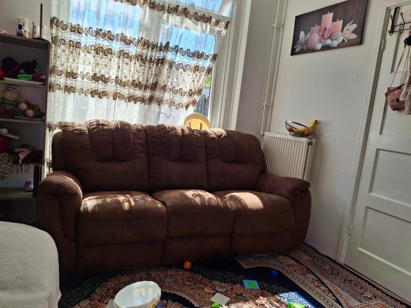 Comfortabel bruin leren bankstel (3+2-zits) - Uitklapbaar, Ophalen, Gebruikt, Leer, Rechte bank