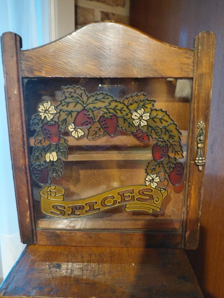 vintage houten kruidenrekje/kastje met glazen deur, Ophalen of Verzenden