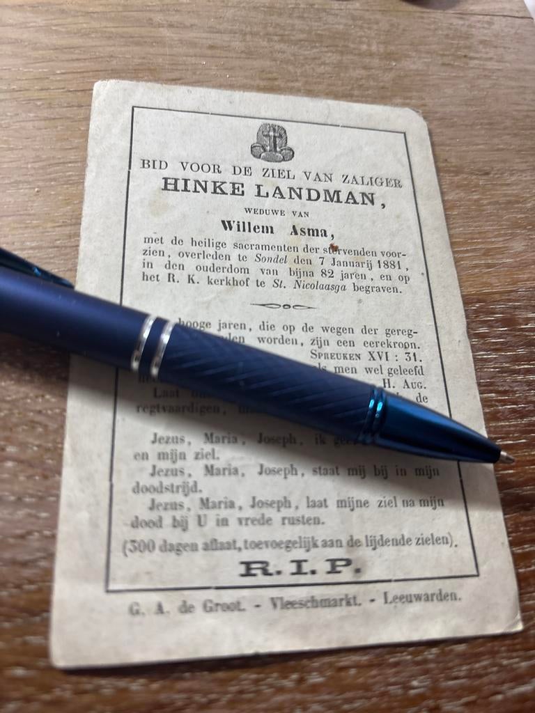 OUD Landman Hinke 1881 Sondel St Nicolaasga x Asma - 29623, Ophalen of Verzenden, Bidprentje