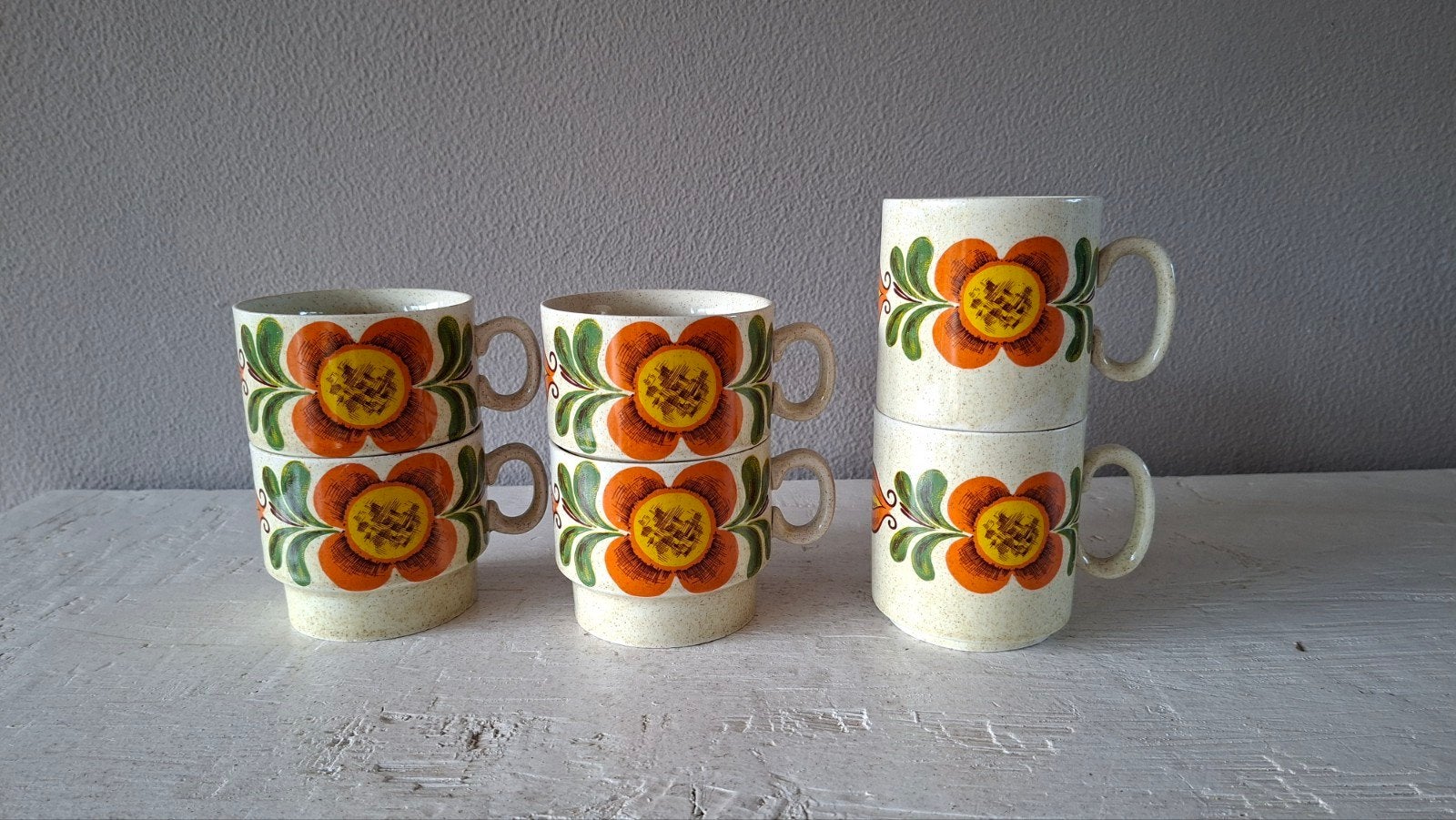 6x Vintage Weidmann Porzellan mokken jaren 70 - Oranje Bloem, Ophalen of Verzenden