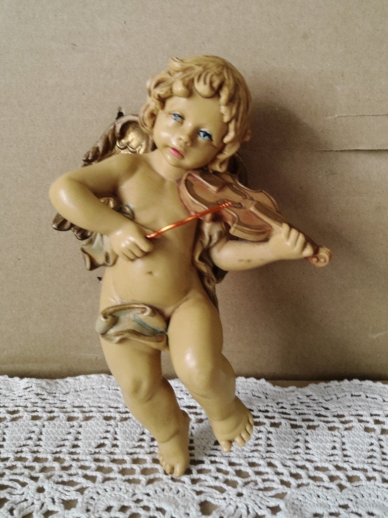 Vintage wandbeeld engel met viool Simonelli Fontanini 15cm, Ophalen of Verzenden, Gebruikt, Beeld(je), Christendom | Katholiek
