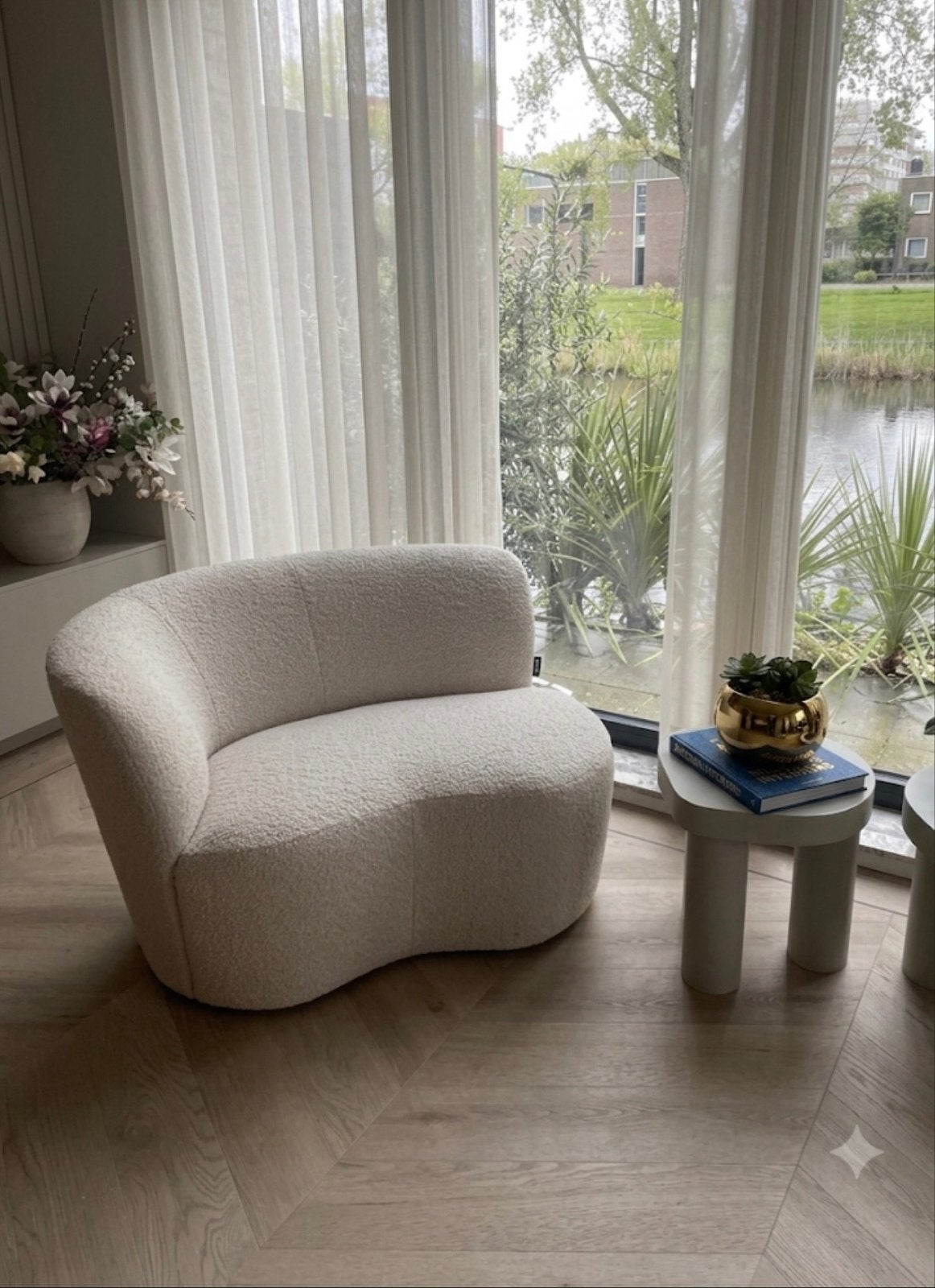 Woood Fauteuil Stone Links - Crème Bouclé Stof, Ophalen, 75 tot 100 cm, Zo goed als nieuw, 100 tot 125 cm