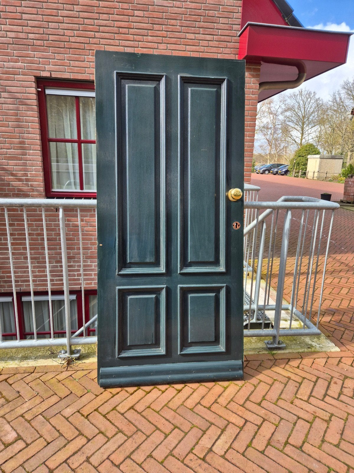 Massieve houten paneeldeur, donkergroen, 210x90cm, Doe-het-zelf en Verbouw, Deuren en Horren, Ophalen, Gebruikt, Buitendeur, 200 tot 215 cm