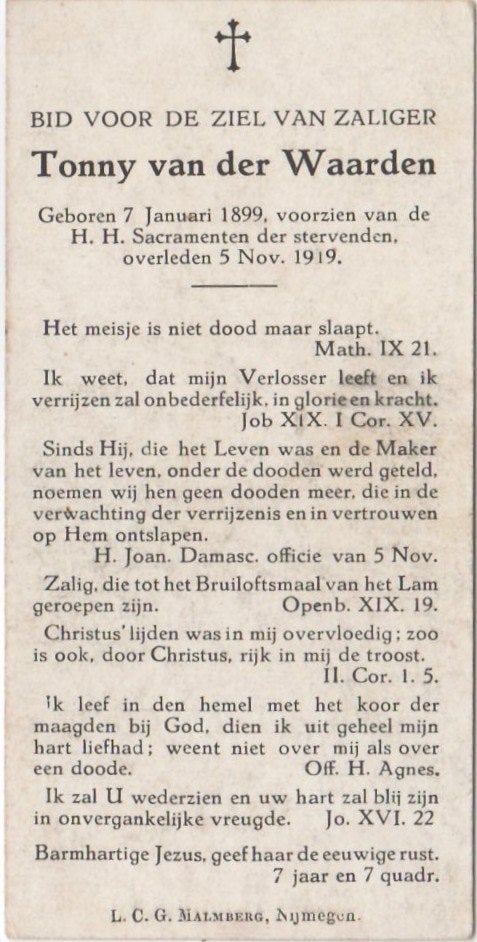 Catharina A.A. (Tonny) van der Waarden 1899 - 1919 Nijmegen, Verzamelen, Bidprentjes en Rouwkaarten, Ophalen of Verzenden
