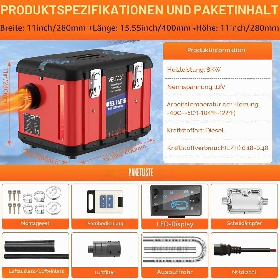 Dieselkachel, Standkachel, 8KW, 12V, Camper, Diesel Heater, Minder dan 30 cm, Minder dan 60 cm, Ophalen of Verzenden, 800 watt of meer