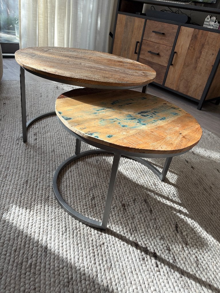 Goossens Salontafels Jimmy | Set van 2 | Mango hout, Ophalen, 50 tot 100 cm, Rond, 50 tot 100 cm