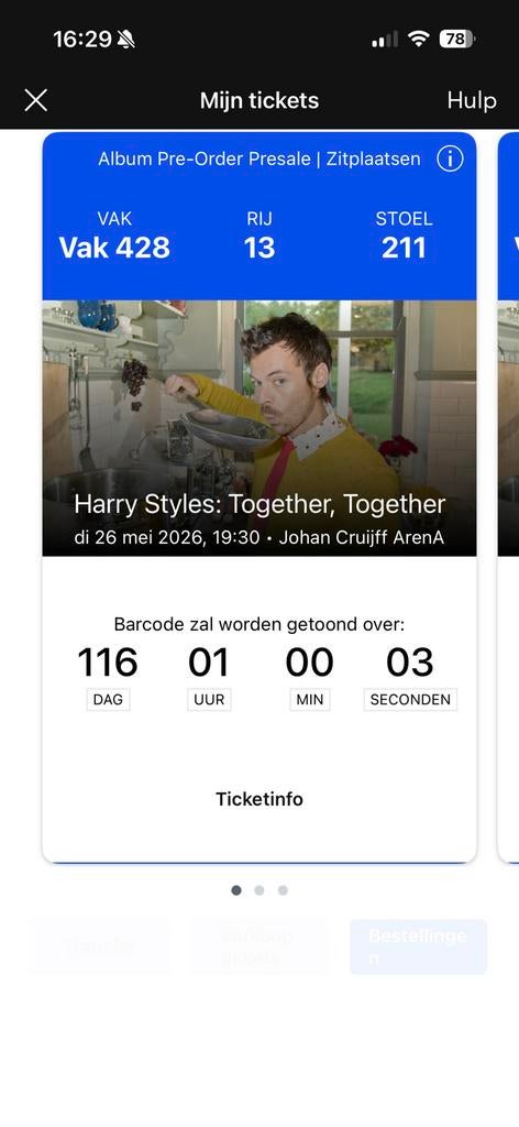 Harry Styles 26 mei, 3 zitplaatsen naast elkaar, Tickets en Kaartjes, Drie personen of meer, Overige soorten