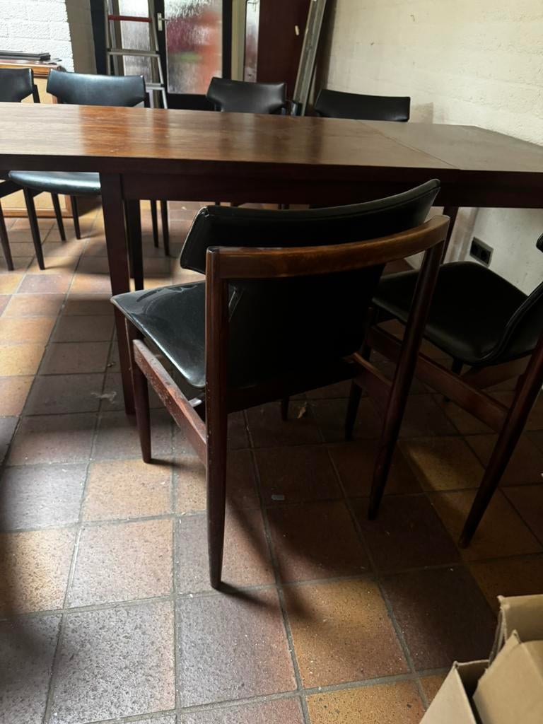 Jaren 70 tafel en 5 stoelen Fristho (+ nog 2 stoelen), Huis en Inrichting, Ophalen, Gebruikt, Bruin, Seventies
