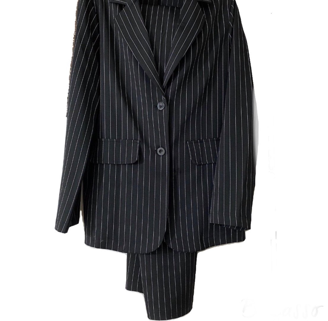SHEIN zwart krijtstreep damespak blazer & pantalon maat 38, Maat 38/40 (M), Kostuum of Pak, Zwart, Nieuw